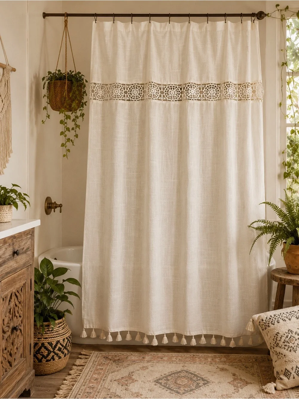 Classic Cream Tassel Shower Curtain with Crochet Trim Boho Bohemian